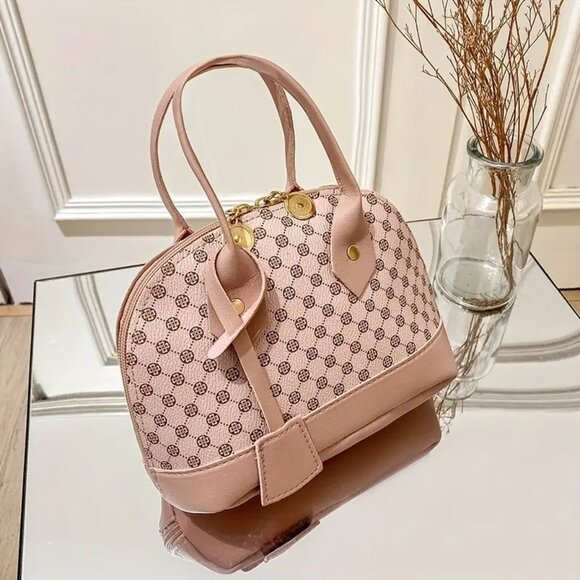Handbags - Small Dome Satchel Soft Patterned Bag w/trim & Gold Crossbody Chain Strap